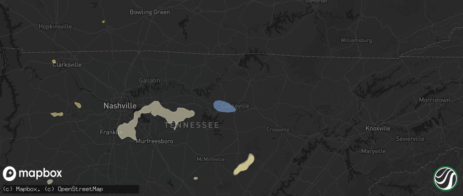 Hail map in Cookeville, TN on July 3, 2026