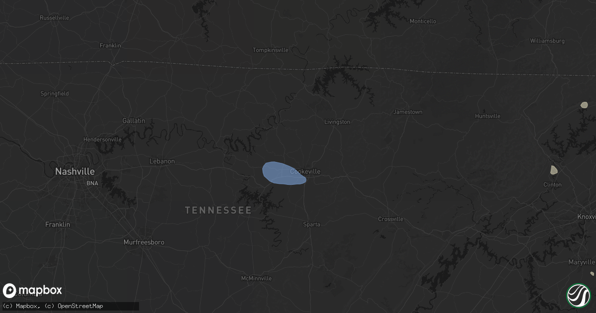 Hail map in Cookeville, TN on July 3, 2026