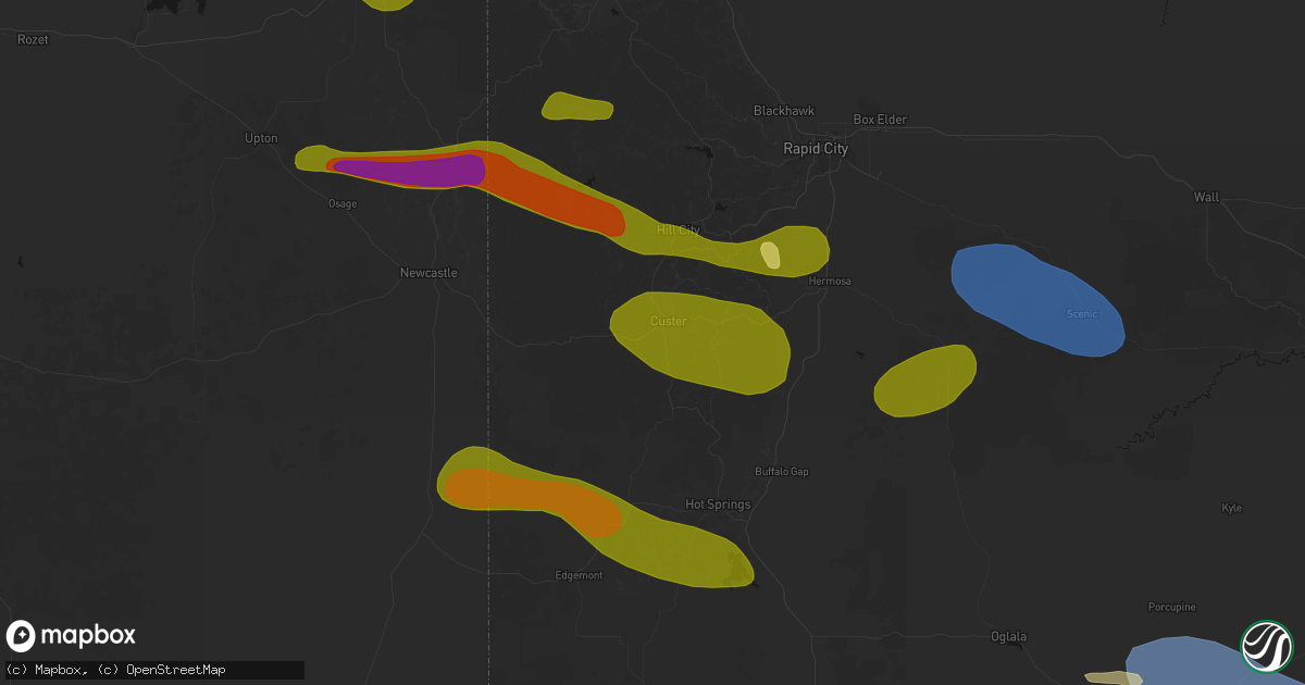 Hail map in Custer, SD on July 3, 2026