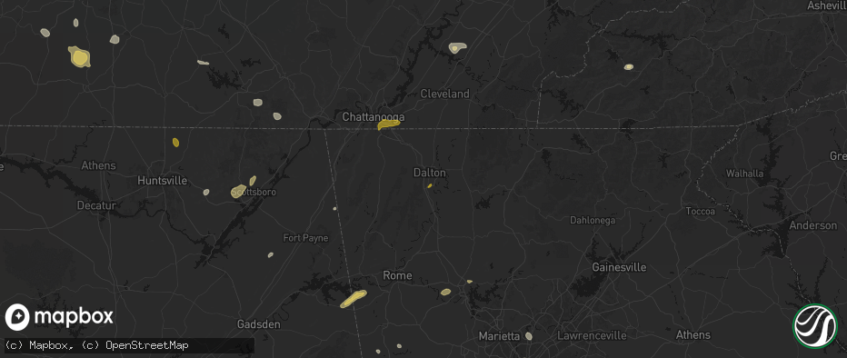 Hail map in Dalton, GA on July 3, 2026