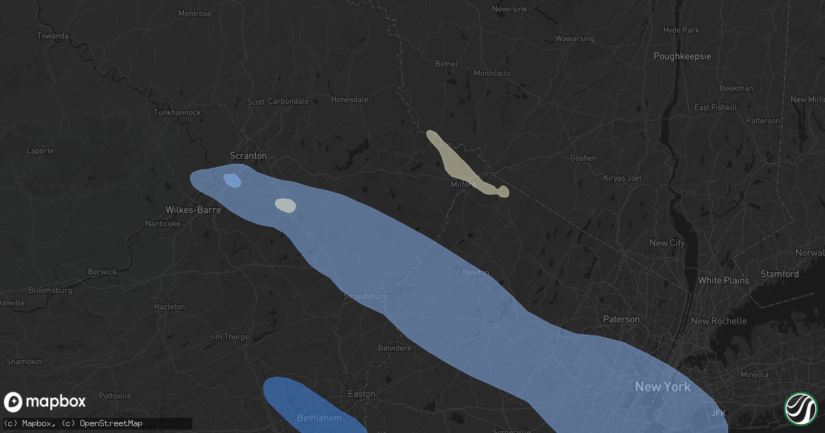 Hail map in Dingmans Ferry, PA on July 3, 2026