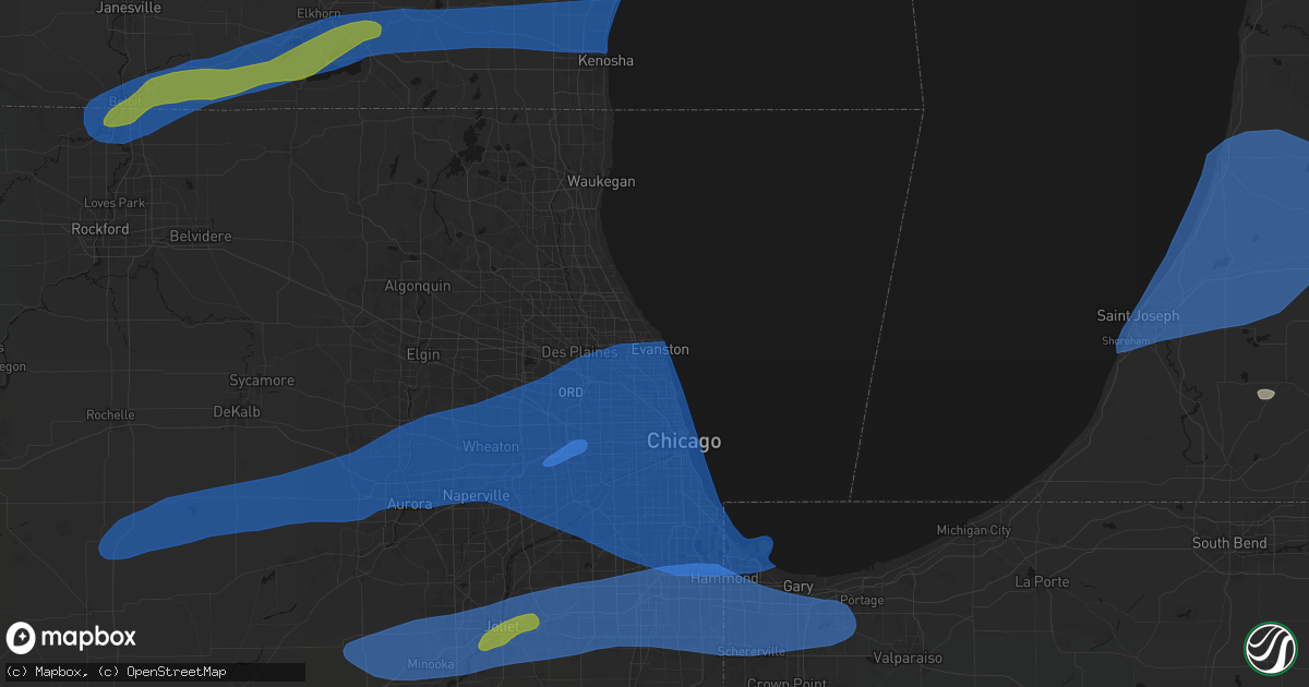 Hail map in Evanston, IL on July 3, 2026