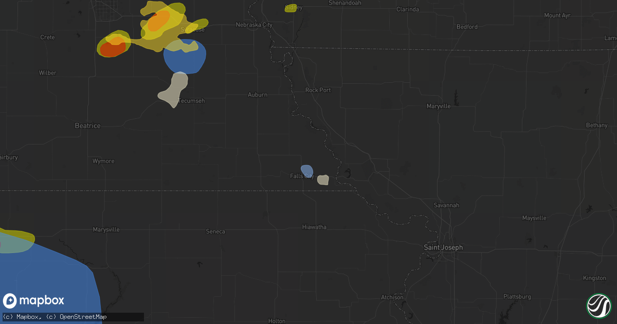 Hail map in Falls City, NE on July 3, 2026