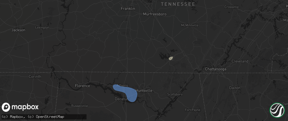 Hail map in Fayetteville, TN on July 3, 2026