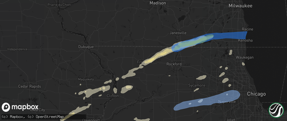Hail map in Freeport, IL on July 3, 2026