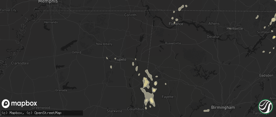 Hail map in Fulton, MS on July 3, 2026
