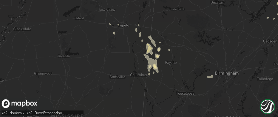 Hail map in Hamilton, MS on July 3, 2026