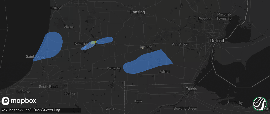 Hail map in Hanover, MI on July 3, 2026