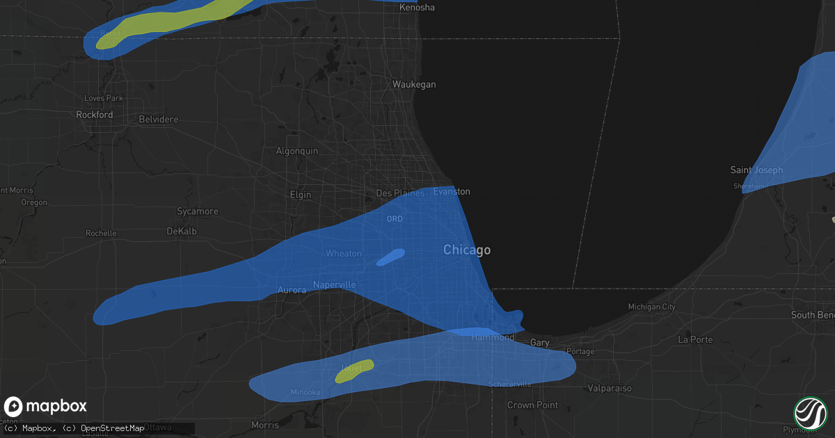 Hail map in Harwood Heights, IL on July 3, 2026