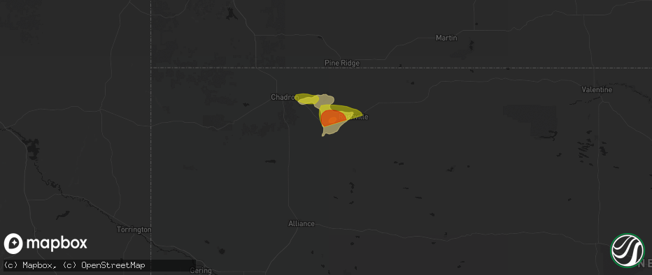 Hail map in Hay Springs, NE on July 3, 2026