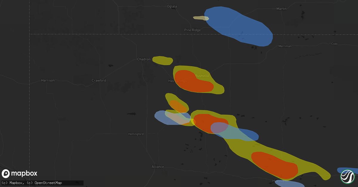 Hail map in Hay Springs, NE on July 3, 2026