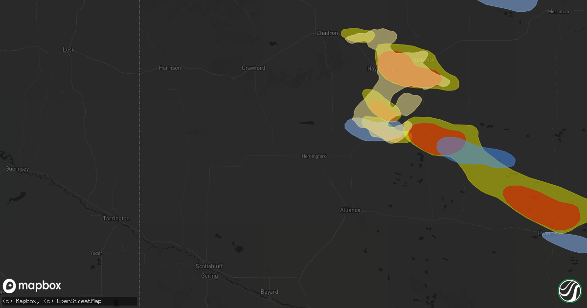 Hail map in Hemingford, NE on July 3, 2026