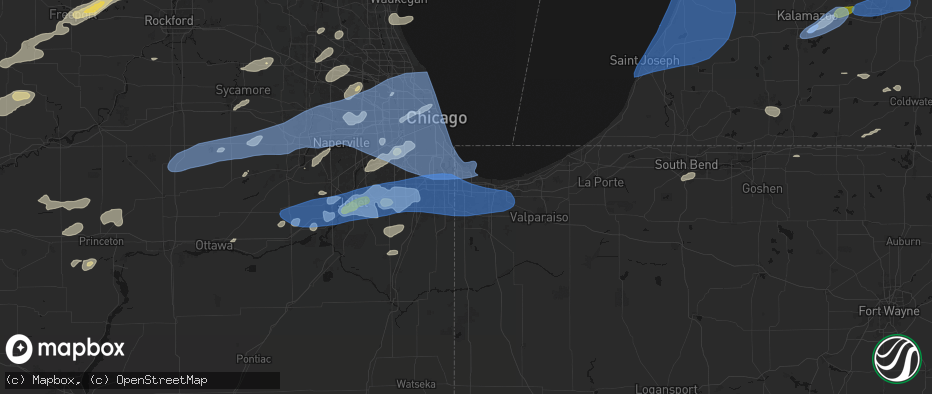 Hail map in Highland, IN on July 3, 2026