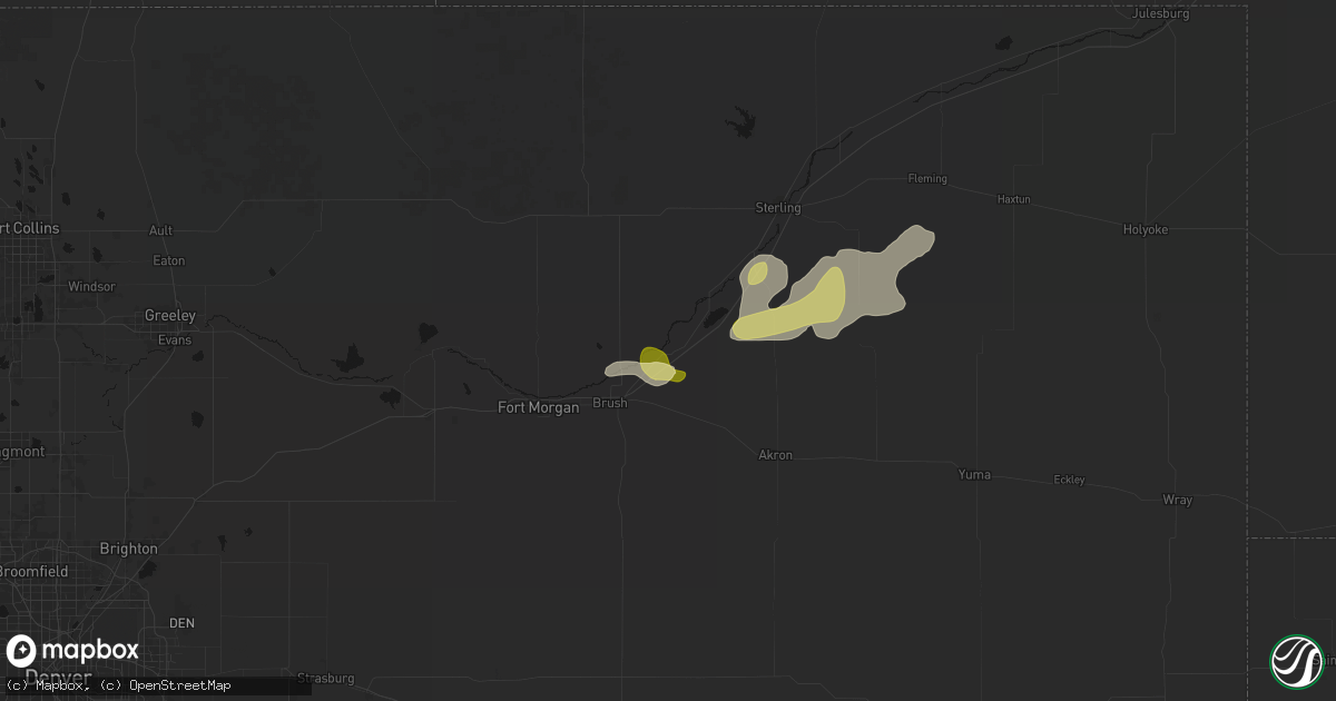 Hail map in Hillrose, CO on July 3, 2026