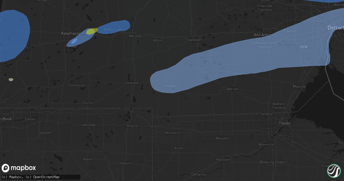 Hail map in Hillsdale, MI on July 3, 2026