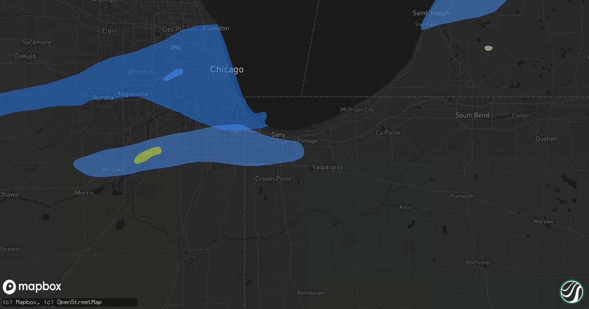 Hail map in Hobart, IN on July 3, 2026