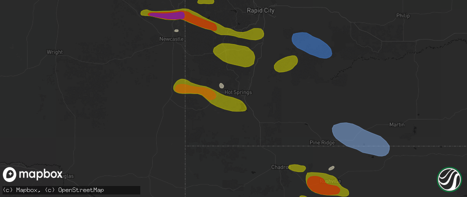 Hail map in Hot Springs, SD on July 3, 2026
