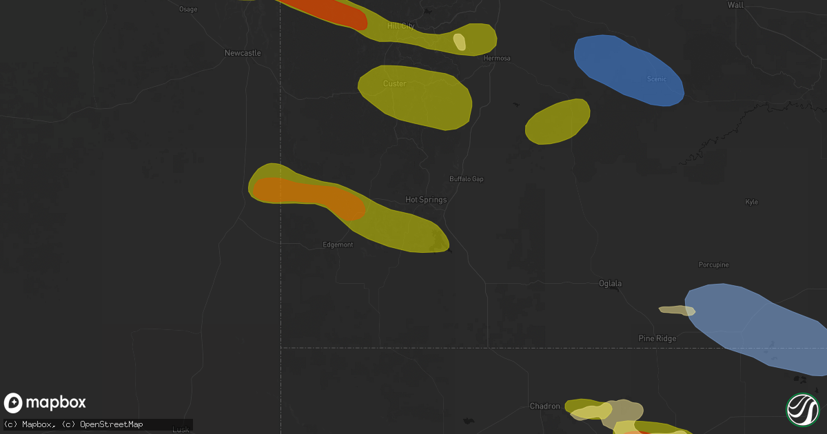 Hail map in Hot Springs, SD on July 3, 2026