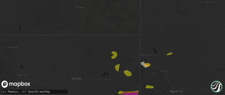 Hail map in Hulett, WY on July 3, 2026