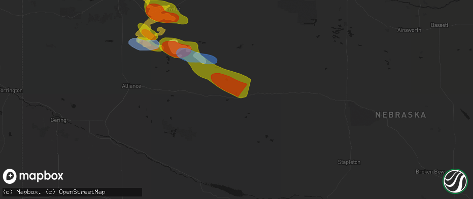 Hail map in Hyannis, NE on July 3, 2026