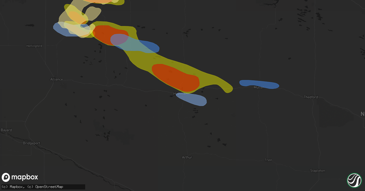Hail map in Hyannis, NE on July 3, 2026