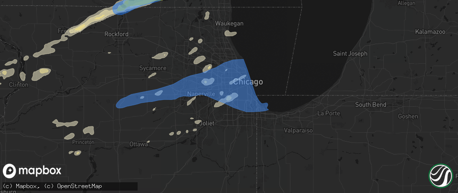 Hail map in Justice, IL on July 3, 2026