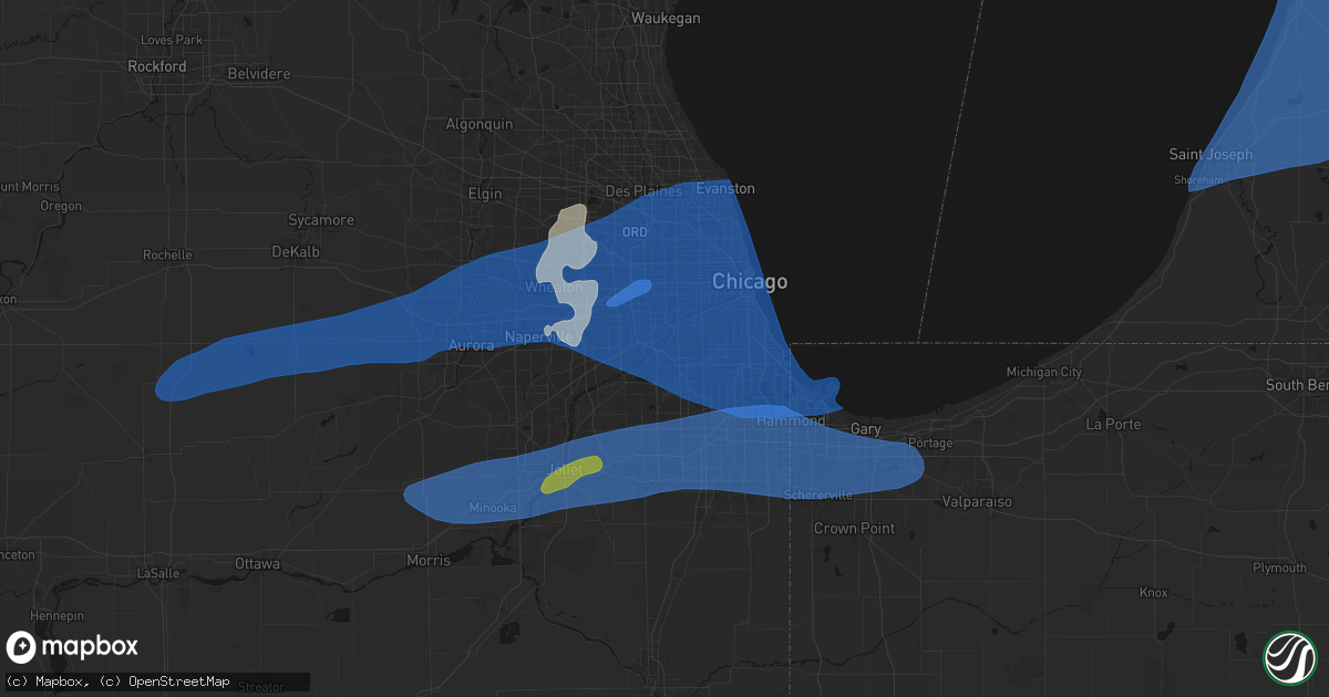 Hail map in Justice, IL on July 3, 2026
