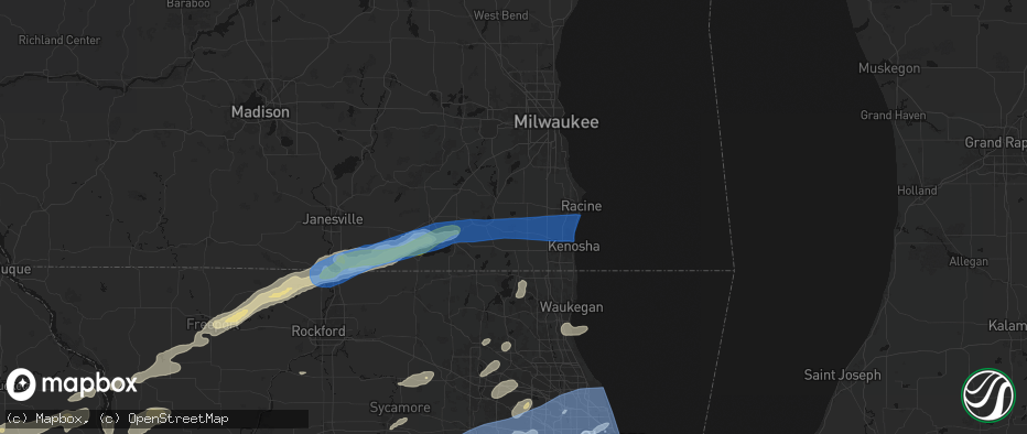 Hail map in Kansasville, WI on July 3, 2026