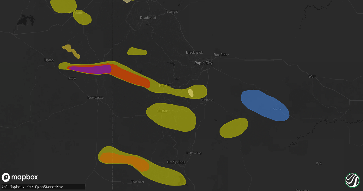 Hail map in Keystone, SD on July 3, 2026