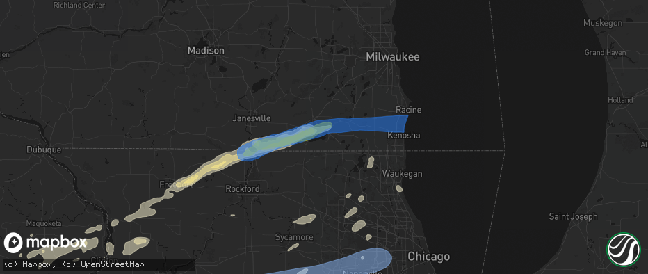 Hail map in Lake Geneva, WI on July 3, 2026