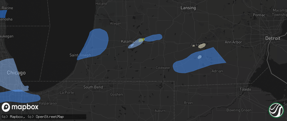 Hail map in Leonidas, MI on July 3, 2026