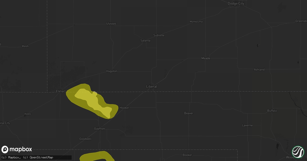 Hail map in Liberal, KS on July 3, 2026