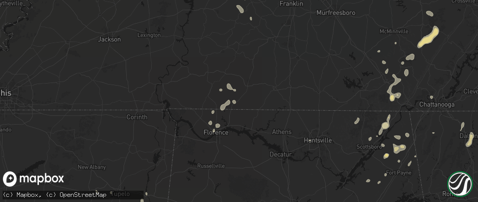 Hail map in Loretto, TN on July 3, 2026