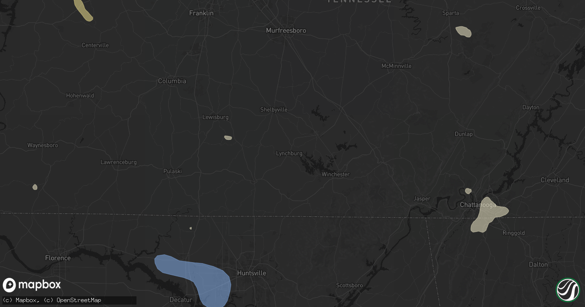 Hail map in Lynchburg, TN on July 3, 2026