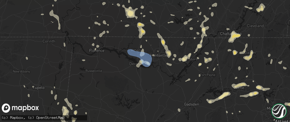 Hail map in Madison, AL on July 3, 2026
