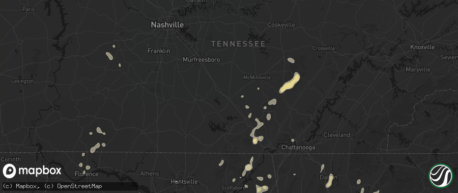 Hail map in Manchester, TN on July 3, 2026