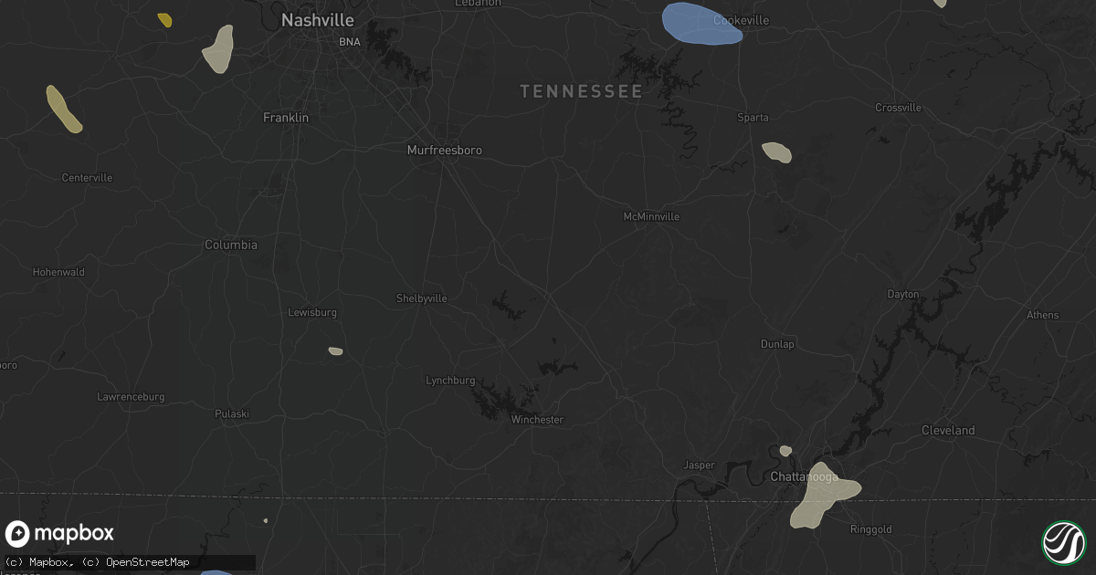Hail map in Manchester, TN on July 3, 2026