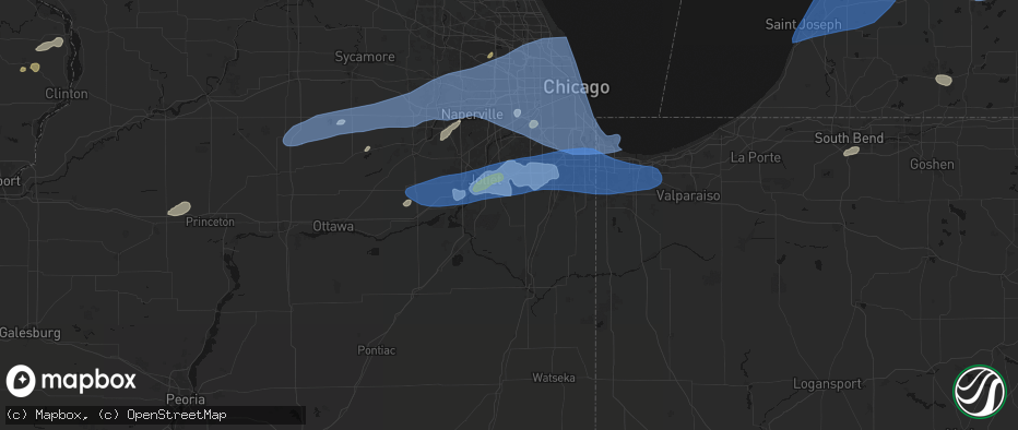 Hail map in Manhattan, IL on July 3, 2026