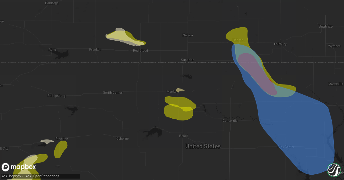 Hail map in Mankato, KS on July 3, 2026