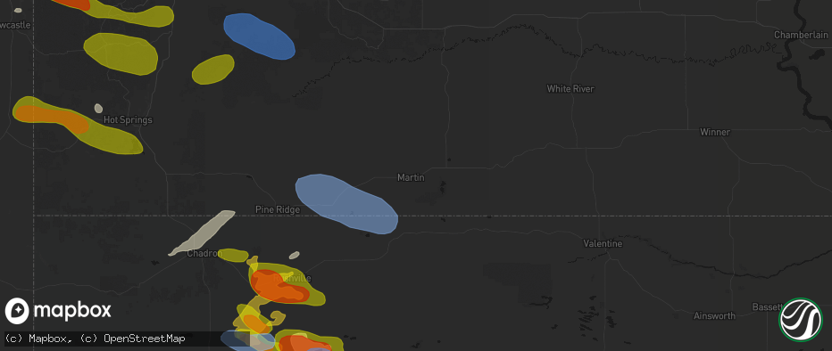 Hail map in Martin, SD on July 3, 2026