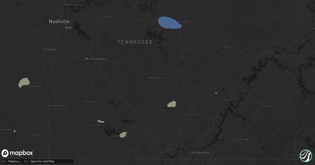 Hail map in Mcminnville, TN on July 3, 2026