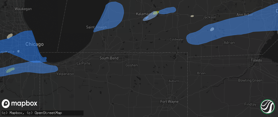Hail map in Middlebury, IN on July 3, 2026