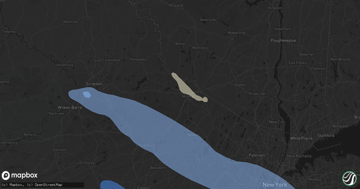 Hail map in Milford, PA on July 3, 2026