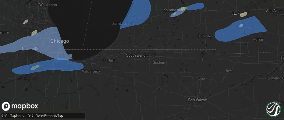 Hail map in Mishawaka, IN on July 3, 2026