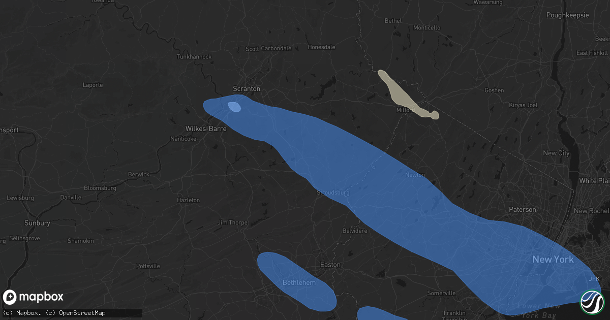 Hail map in Mount Pocono, PA on July 3, 2026