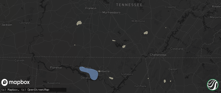 Hail map in Mulberry, TN on July 3, 2026