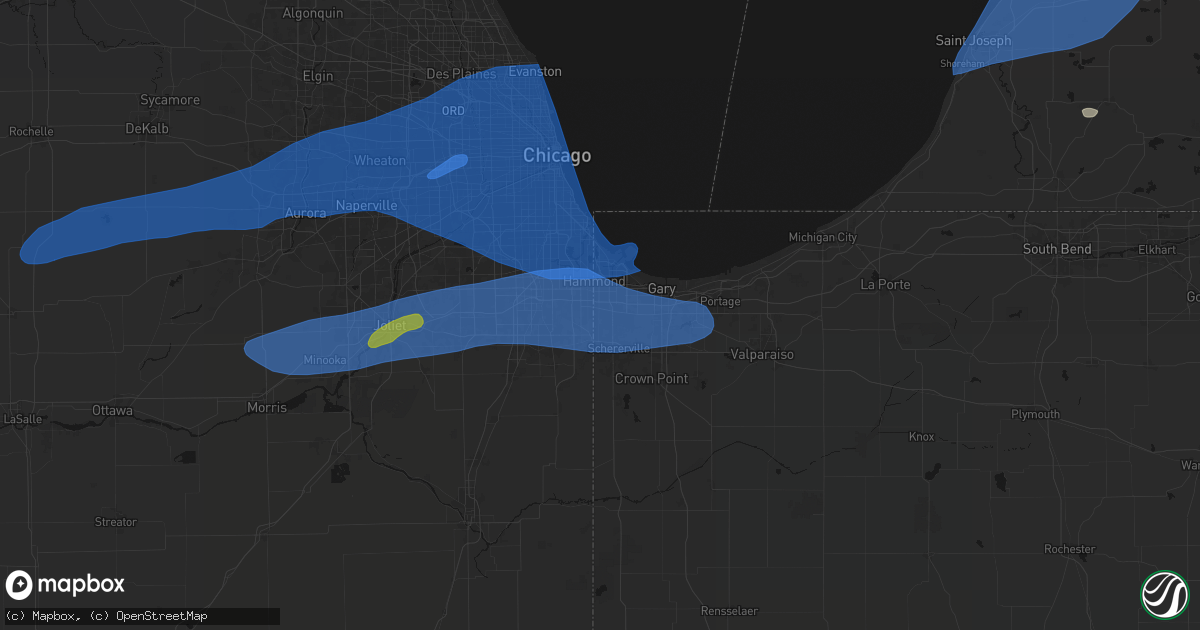 Hail map in Munster, IN on July 3, 2026