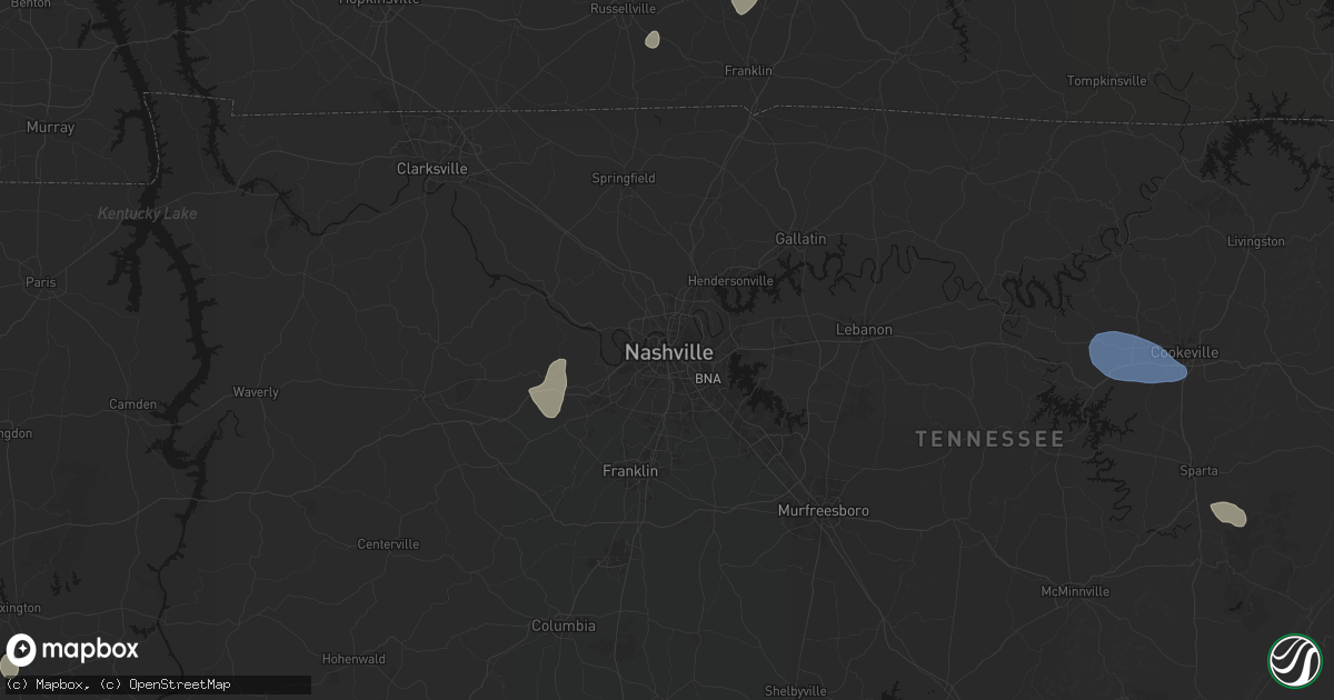 Hail map in Nashville, TN on July 3, 2026