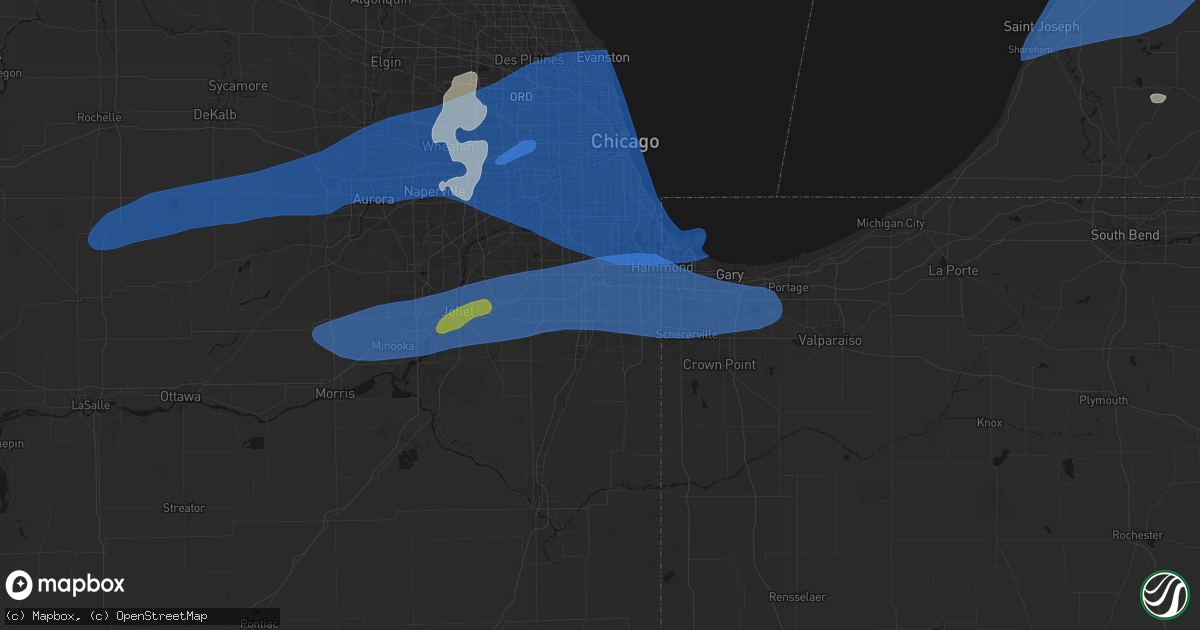 Hail map in Olympia Fields, IL on July 3, 2026