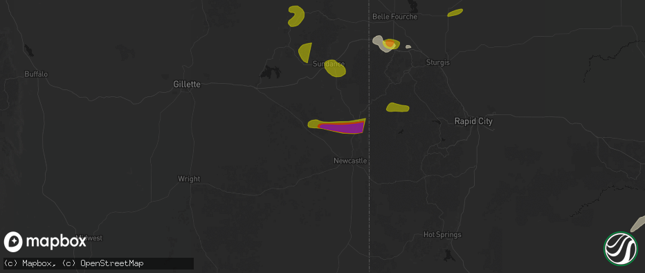 Hail map in Osage, WY on July 3, 2026